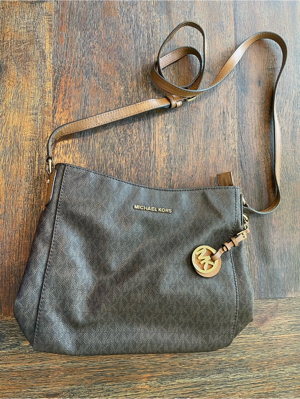 Michael Kors Dark Brown Crossbody with Gold MK Charm